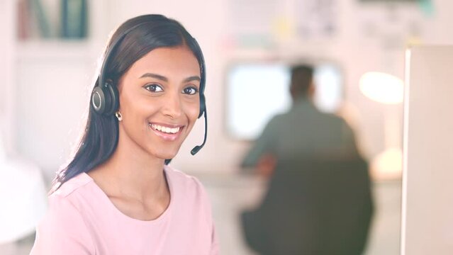 Call center, crm and woman in India at customer service agency on phone call in advisory office. Happy to help, contact us and sales consultant for support and telemarketing agent in communication.
