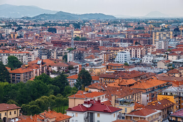 Fototapeta na wymiar Aerial panoramic view of the residential buildings in Lower Bergamo (Citta Bassa). Italy.