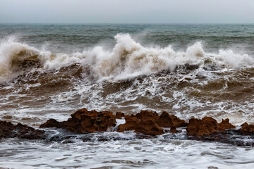 View of the stormy Atlantic Ocean coast in the area of Essaouira in Morocco.