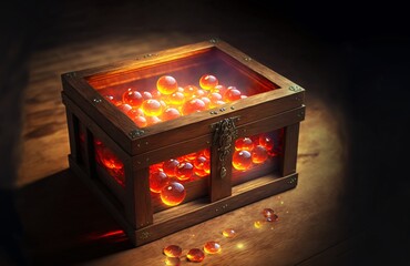 glowing neon fire crystal red and orange ball in a treasure box