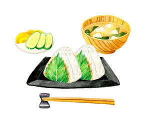 大葉味噌おにぎり・味噌汁・漬け物　日本の朝食セット　和食の手描き水彩イラスト素材