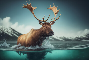 Large bull elk with giant antlers wading in clear glacier water outside in the cold. Generative AI