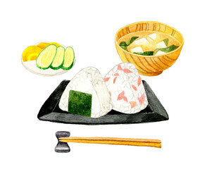 鮭おにぎり・味噌汁・漬け物　日本の朝食セット　和食の手描き水彩イラスト素材