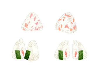 鮭おにぎりのセット　和食の手描き水彩イラスト素材集