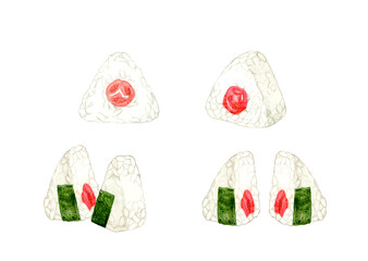 梅おにぎりのセット　和食の手描き水彩イラスト素材集