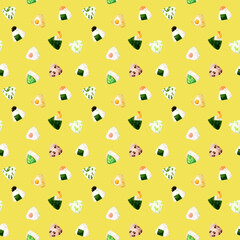 おにぎりのパターン　手描き水彩イラストの食べ物柄テキスタイル