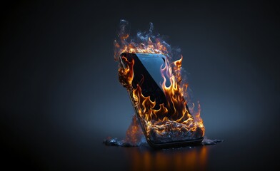 Smartphone burst into flames, Burning Smartphone: A Story of Destruction and Emergency isolated on dark