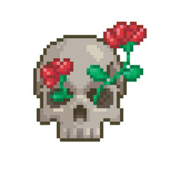 Skull with flowers coming out of it, pixel art nature