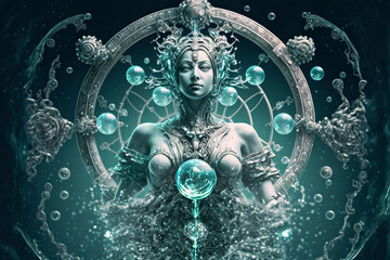 Beautiful water goddess.  Wife of Neptune or Poseidon. Sea nymph. Post-processed digital AI art - obrazy, fototapety, plakaty
