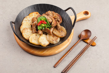 Finely chopped small intestine seasoned and grilled.