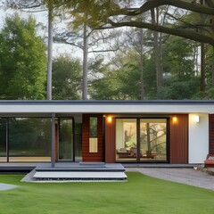 A mid-century modern house with a flat roof and large windows1, Generative AI