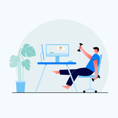 Men resting at work, a short break after a long hard work, simple exercise in the office in front of the computer, vector image,beautiful handsome character