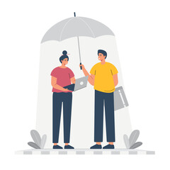 Two Young boy & girl Standing on the ground. Boy holding the umbrella to protect sun. Girl holding laptop & show something. Flat vector illustration concept.
