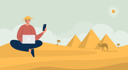 Vector illustration cartoon of one young boy talking with someone, Sit down on the ground of pyramid. Flat concept Illustration.