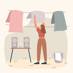 Young woman taking clothes from bucket & hanging wet clothes out to dry concept vector flat illustration.