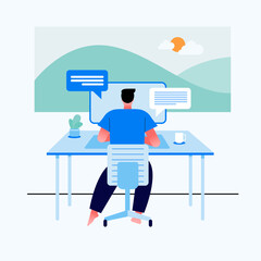 Work at home concept design. Freelance man working on laptop at her house, dressed in home clothes. Vector illustration isolated on white background. Online study, education.