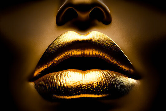 Golden lipstick closeup. Metal gold lips. Beautiful golden makeup. Golden lips on beautiful model girl's mouth, close-up. Bright golden lipstick on dark background, Generative AI. Beauty concept.