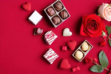 Bunch of chocolates and roses sitting on top of a red background - Illustration, valentine, romantic