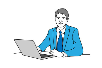 Illustration of a boy flat character laptop use blue color line art vector design white background