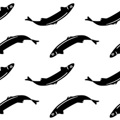 Seamless pattern with curved fish silhouettes. Seafood for the culinary menu. Fish for industrial canning. Anchovy in flat cartoon graphic style. Element for design backgrounds. Baltic herring.