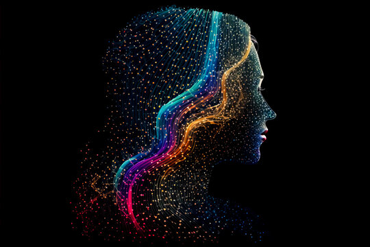 Colorful digital female portrait on black background. Big data technology in beauty concept. Computer science in beauty industry. Makeup and cosmetics technology. AI in beauty industry. Generative AI.