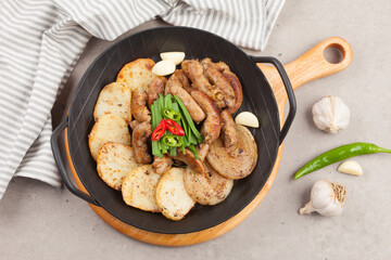 Finely chopped small intestine seasoned and grilled.