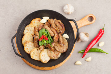 Finely chopped small intestine seasoned and grilled.