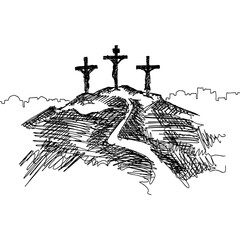 Hand-drawn vector illustration for Easter. Three crosses on top of Mount Calvary, near Jerusalem.