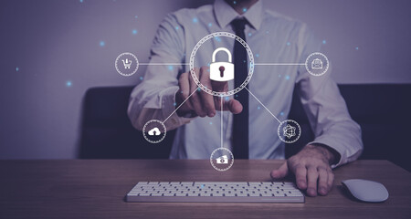 Cyber security and data protection. Businessman holding padlock protecting business data with virtual network connection. Innovation technology develop smart solution from digital attack