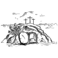 Hand-drawn vector illustration for Easter. The empty tomb after the resurrection of Jesus Christ.