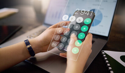 Finance, calculator and overlay on hands for budget planning, accounting or profit graph on laptop....