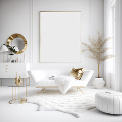Blank picture frame on a wall for showcasing art in an elegant and luxury all white living room with gold accents