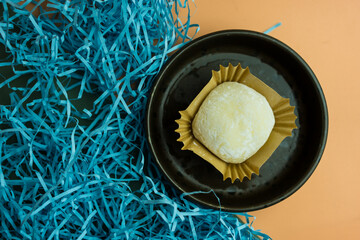 Traditional Japanese dessert called Mochi or Mochi, with red bean paste in the middle, usually served together with hot green tea