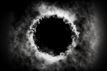 White smoke whirlpool with empty circle frame inside on black background, Generative AI. White smoke circle. Magic smoke or mist ring frame. Blank space frame in white smoke clouds.