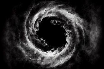 White smoke whirlpool with empty circle frame inside on black background, Generative AI. White smoke circle. Magic smoke or mist ring frame. Blank space frame in white smoke clouds. - obrazy, fototapety, plakaty
