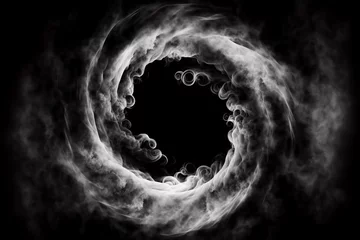 Zelfklevend Fotobehang White smoke whirlpool with empty circle frame inside on black background, Generative AI. White smoke circle. Magic smoke or mist ring frame. Blank space frame in white smoke clouds. © Sergie