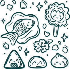 Asian food Collection clip art. Taiyaki, mochi and sushi set