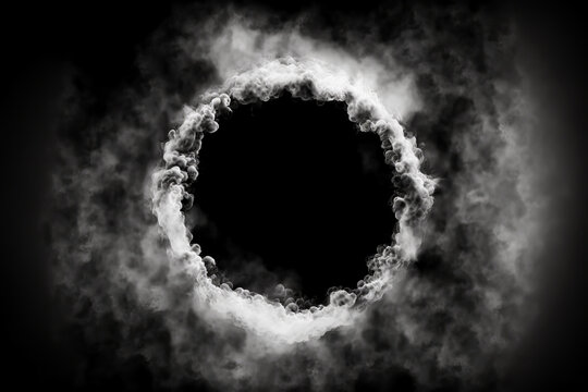 White Smoke Whirlpool With Empty Circle Frame Inside On Black Background, Generative AI. White Smoke Circle. Magic Smoke Or Mist Ring Frame. Blank Space Frame In White Smoke Clouds.