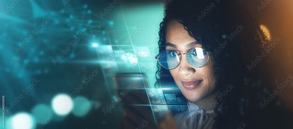 Poster Woman, phone and technology overlay in office for research, data analytics or digital job in night. Cybersecurity expert, fintech and focus in dark workplace with 3d hologram ux for programming code