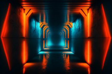 Scifi empty corridor with blue and orange lights. Space ship corridor, Generative AI. Underground alien base hallway. Empty scary spaceship tunnel. Passage on a space station.