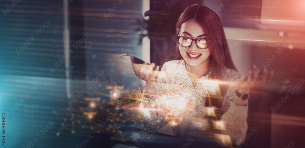 Fototapete Digital, hologram and cyber security with a business woman in a dark office working late at night on programming. Overlay, cloud computing and programming with a female developer at work on software