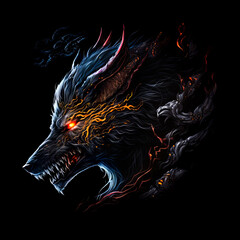 Mystical scandinavian beast wolf Fenrir in flame and darkness. Fenrir's beast head on black background. North Mythology background, Generative AI. - obrazy, fototapety, plakaty