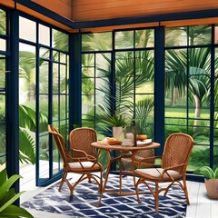 Obraz premium A tropical and exotic sunroom with a rattan furniture and a palm tree2, Generative AI