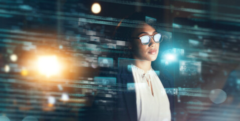 Digital, economy and stock market with a woman trading while working in an office at night for forex investment. Overlay, data or finance with a female trader doing data analysis for portfolio growth