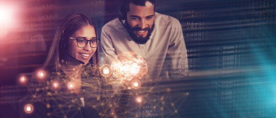 Hologram, call center and business people at night working on software, database and networking. Information technology, customer support and man help woman consultant with 3d abstract for innovation