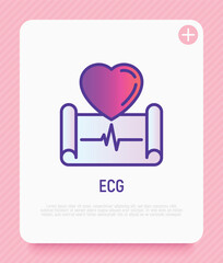 Ecg thin line icon. Cardiogram with heart. Medical research. Modern vector illustration.