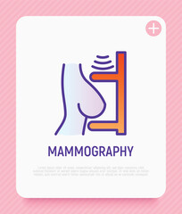 Mammography thin line icon: female breast in scanner. Laboratory research. Modern vector illustration.