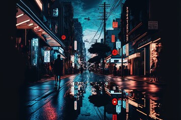 A dark neon city street at night