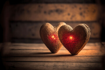 Two wooden heart-shaped lights sitting on top of a wooden table. Generative AI.