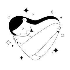 Hug yourself. Self hug. Illustration of woman hugging herself in heart shape.